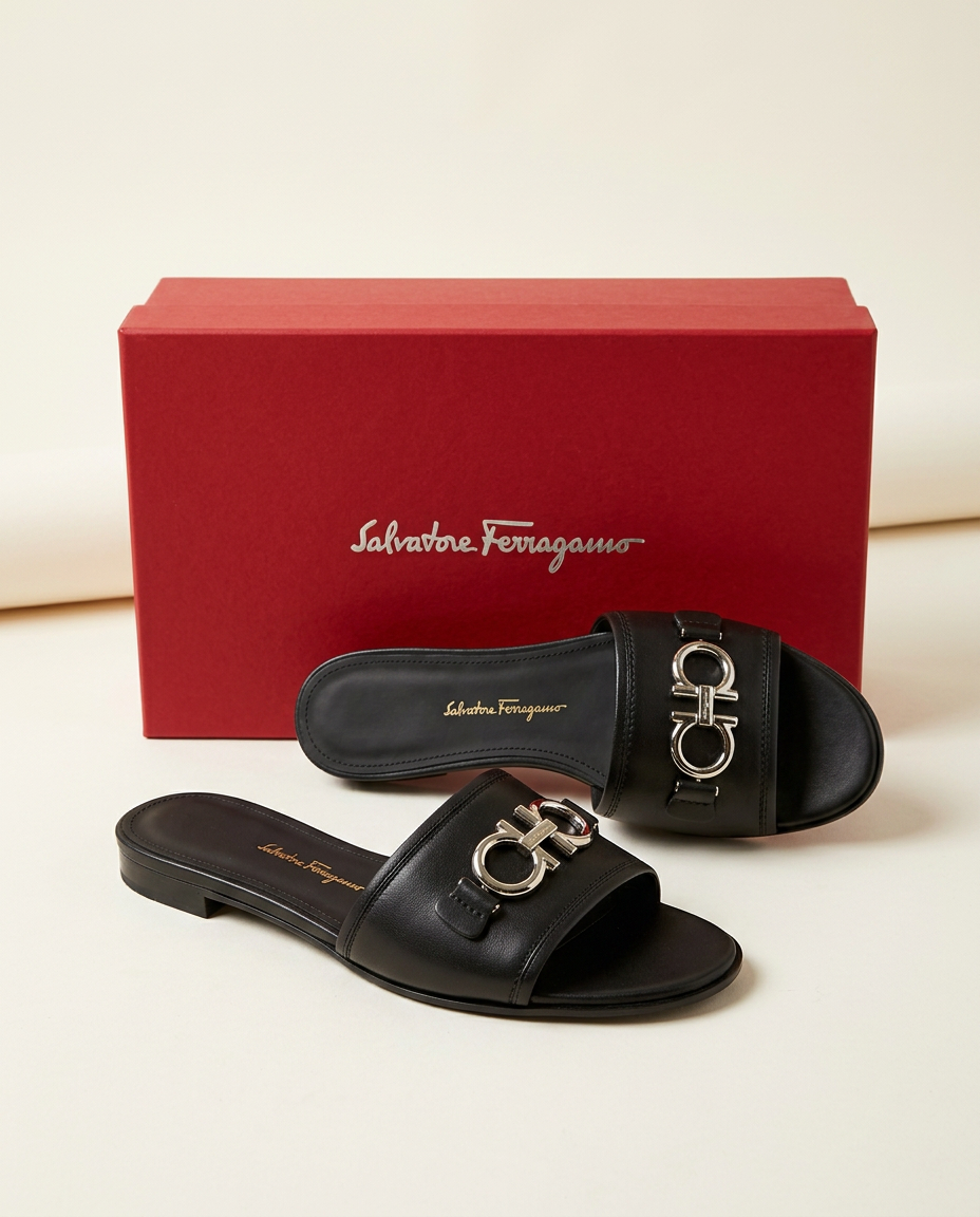 Gancini Flat Slide — Black