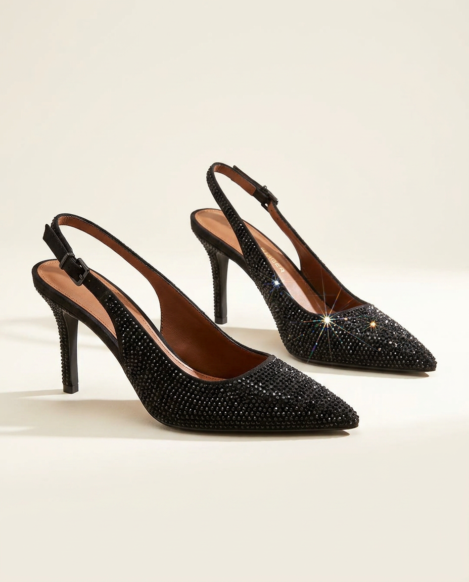 Crystal Pointed Slingback — Black