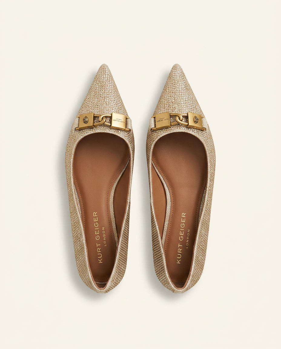 Pointed-Toe Glitter Flat — Champagne