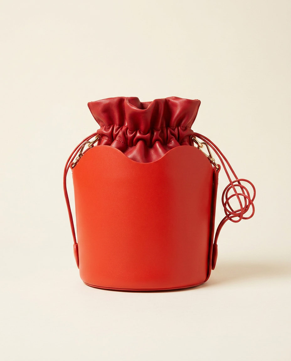 Scalloped Drawstring Bucket Bag — Red
