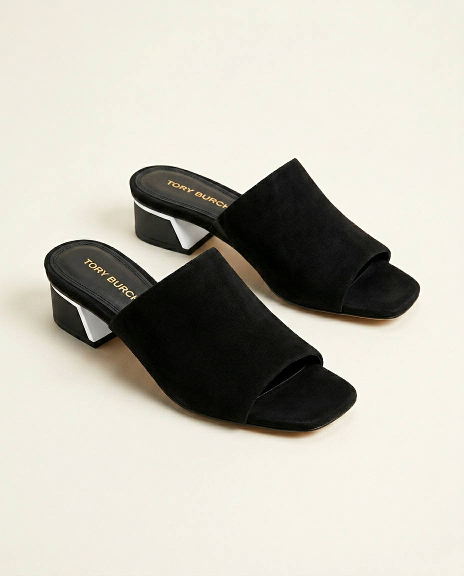 Suede Block-Heel Mule — Black